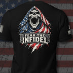 Fear the Infidel Red Streak Reaper back-print tee design in red, white, and gray