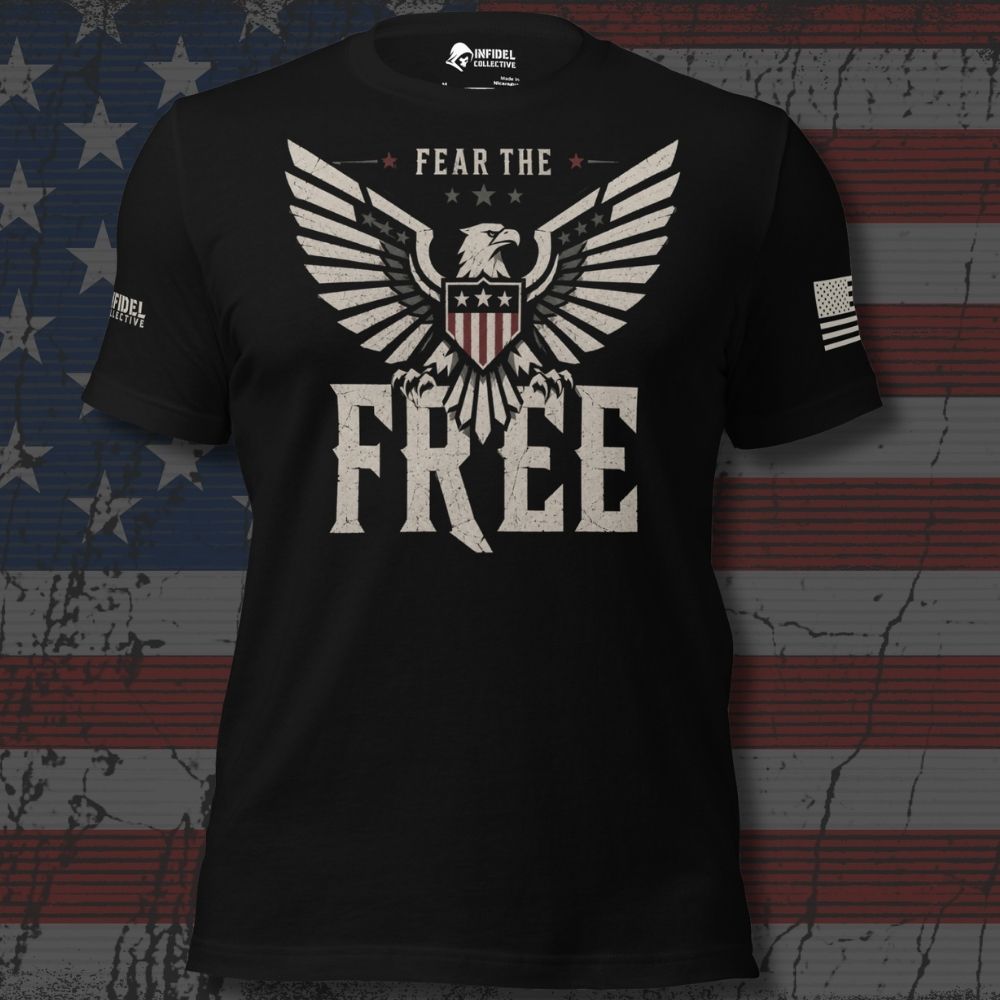 Infidel Collective black tee with spread-wing eagle, American flag shield, and “FEAR THE FREE” front graphic