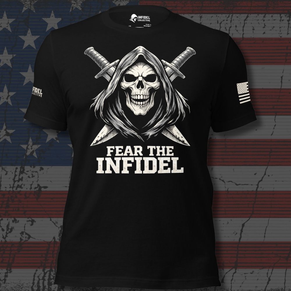 Infidel Collective black tee with hooded skull reaper, crossed swords, and “FEAR THE INFIDEL” front graphic