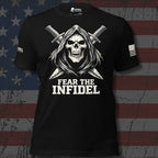 Infidel Collective black tee with hooded skull reaper, crossed swords, and “FEAR THE INFIDEL” front graphic