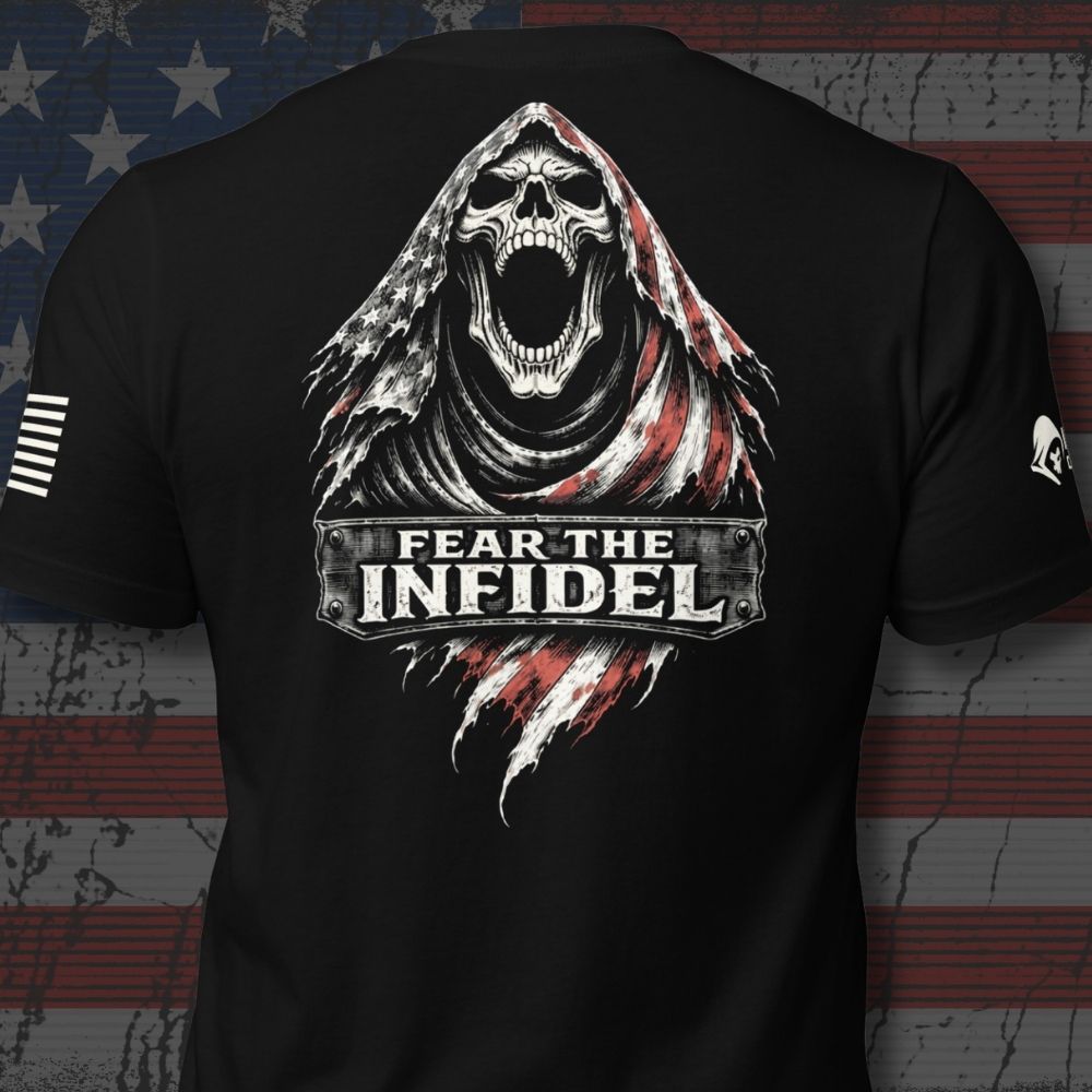 Infidel Collective black back-print tee with screaming hooded skull, red and white streaks, and “FEAR THE INFIDEL” graphic