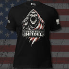 Infidel Collective black tee with screaming hooded skull, red and white streaks, and “FEAR THE INFIDEL” front graphic