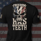 Infidel Collective black tee with American flag skull and “FREEDOM HAS TEETH” back print