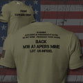 Military Green Front Toward Enemy Claymore tee shown from front and back, with FRONT TOWARD ENEMY chest text and an M18A1-style warning back graphic.