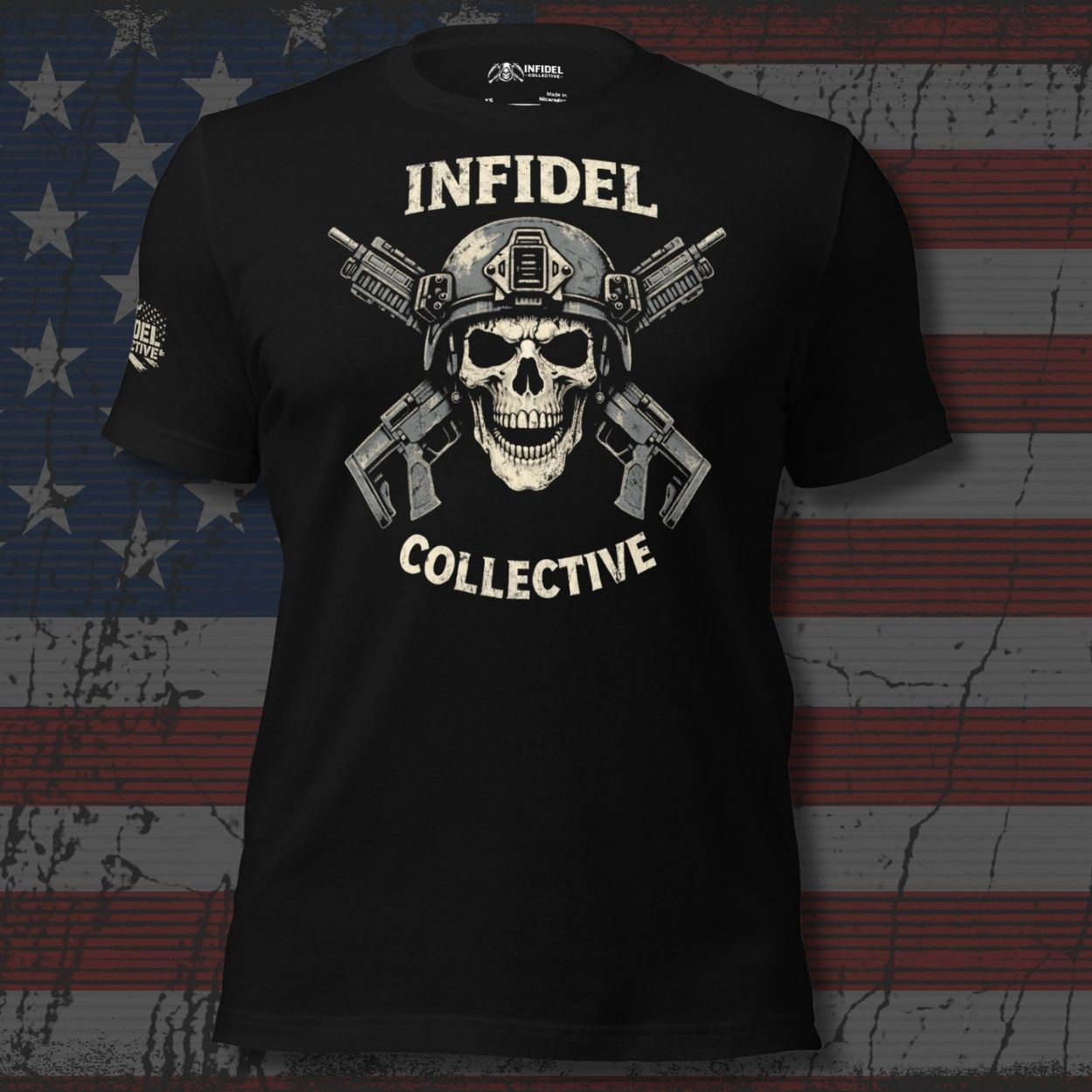 Black t-shirt with skull and crossbones design on a distressed American flag background