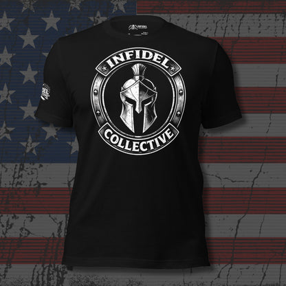 Black t-shirt with 'Infidel Collective' logo on a textured American flag background