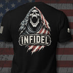 Infidel screaming reaper in an American flag hood back print black tee from Infidel Collective