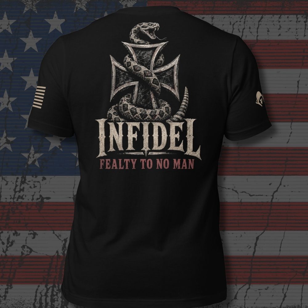 Black short-sleeve t-shirt shown from the back, featuring a large distressed graphic of a snake wrapped around an iron cross with the text 'INFIDEL' and 'FEALTY TO NO MAN'. The shirt is displayed against a distressed American flag background.