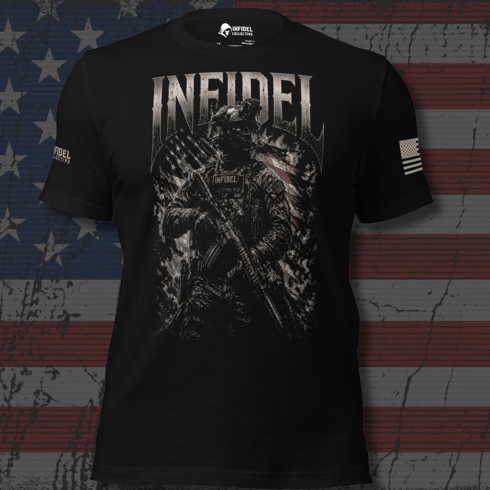A black short-sleeve graphic t-shirt featuring a distressed military tactical print with the word 'INFEEL' in large letters across the chest, displayed against a rustic American flag background.