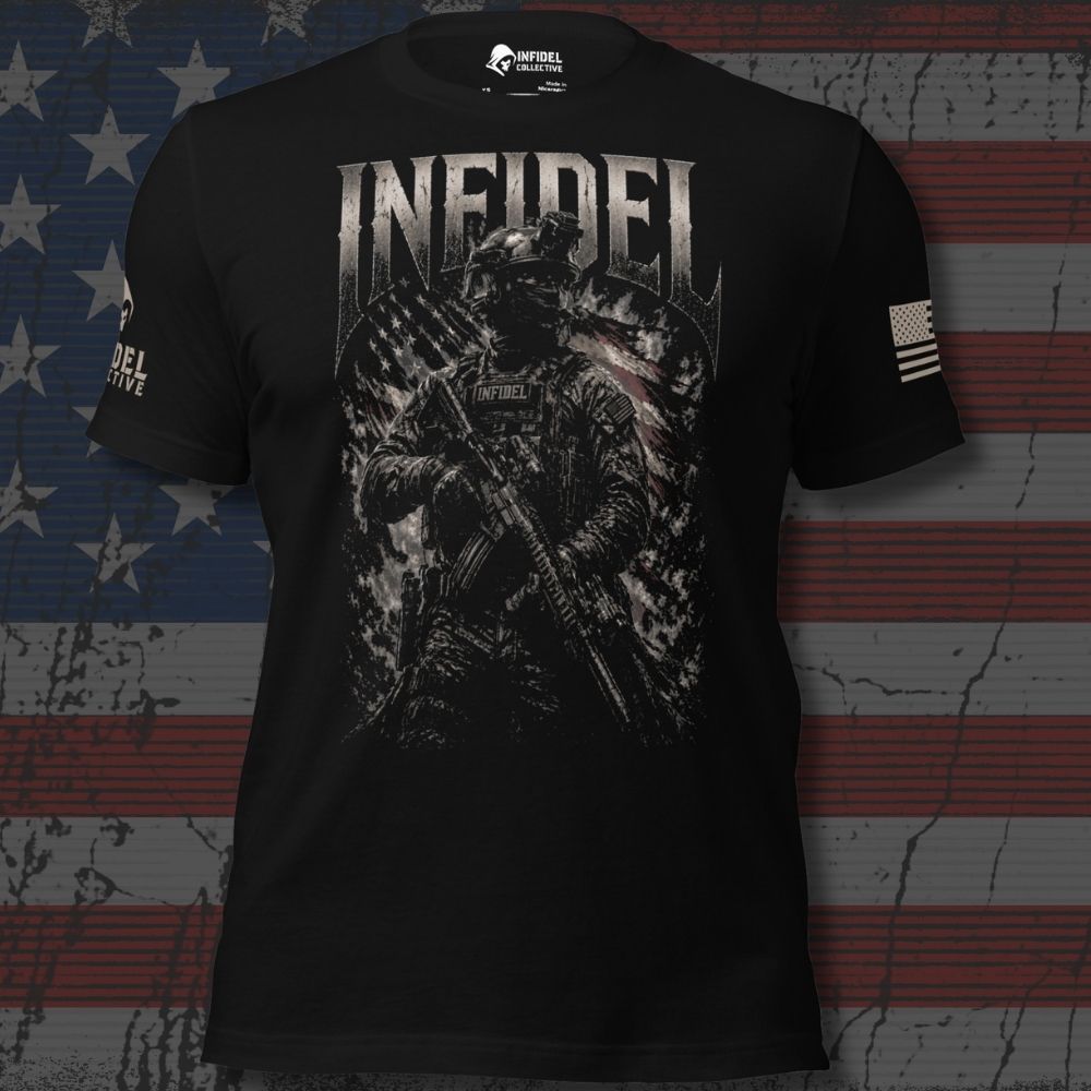A black short-sleeve graphic t-shirt featuring a distressed military tactical print with the word 'INFIDEL' in large letters across the chest, displayed against a rustic American flag background.