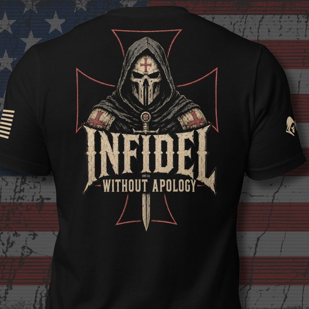 Infidel Collective black back-print tee with hooded death-mask crusader, red outlined cross, and “INFIDEL WITHOUT APOLOGY” graphic