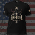 A black short-sleeve graphic T-shirt displayed against a distressed American flag background. The shirt features a large front print of a hooded figure with an Iron Cross symbol above it, the word "INFIDEL" in large distressed letters, and "BORN UNBOWED" below.