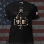 A black short-sleeve graphic T-shirt displayed against a distressed American flag background. The shirt features a large front print of a hooded figure with an Iron Cross symbol above it, the word "INFIDEL" in large distressed letters, and "BORN UNBOWED" below.