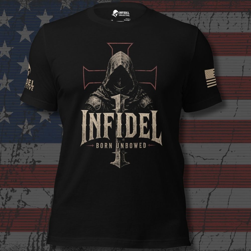 A black short-sleeve graphic T-shirt displayed against a distressed American flag background. The shirt features a large front print of a hooded figure with an Iron Cross symbol above it, the word "INFIDEL" in large distressed letters, and "BORN UNBOWED" below.