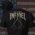 Infidel Last to Kneel faceless hooded reaper back print black tee from Infidel Collective