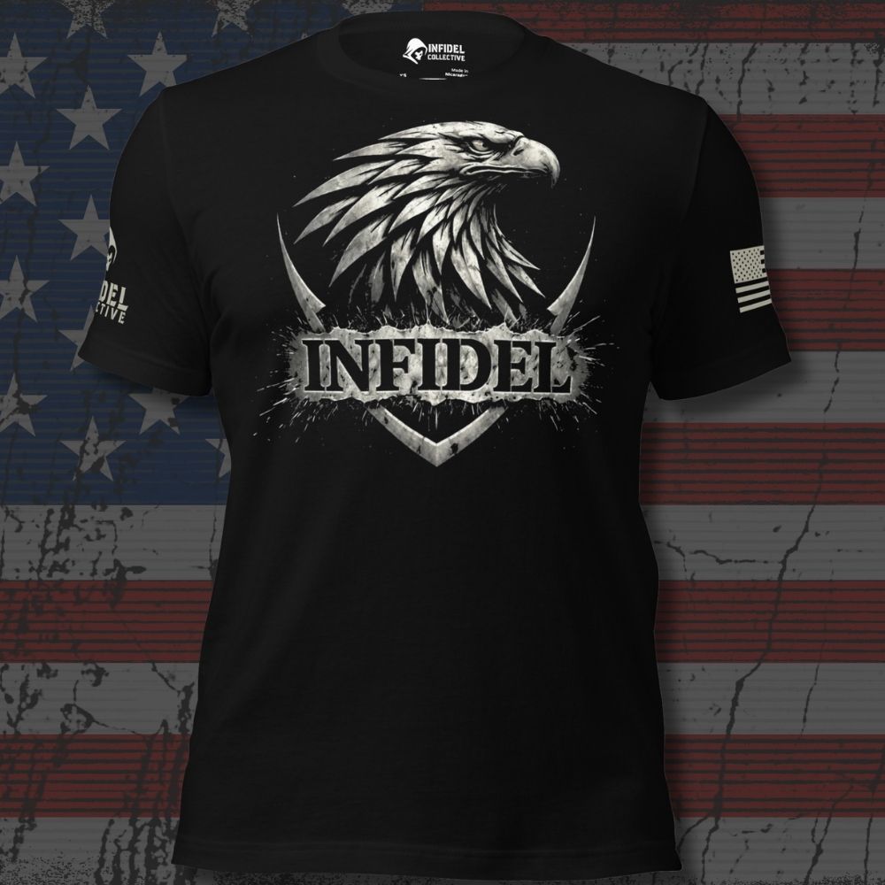 A black short-sleeve graphic T-shirt displayed front-facing, featuring a large white eagle head and the word "INFIDEL" in distressed lettering across the chest. The shirt has a small white flag graphic on the right sleeve and a small logo on the left sleeve.