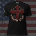 distressed red iron cross with American Infidel text front print black tee from Infidel Collective