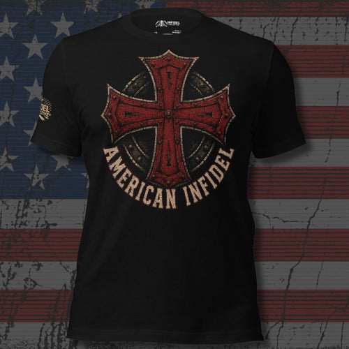 distressed red iron cross with American Infidel text front print black tee from Infidel Collective