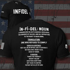 Infidel Collective black two-sided tee with large “INFIDEL” front print and dictionary-style Infidel definition on the back