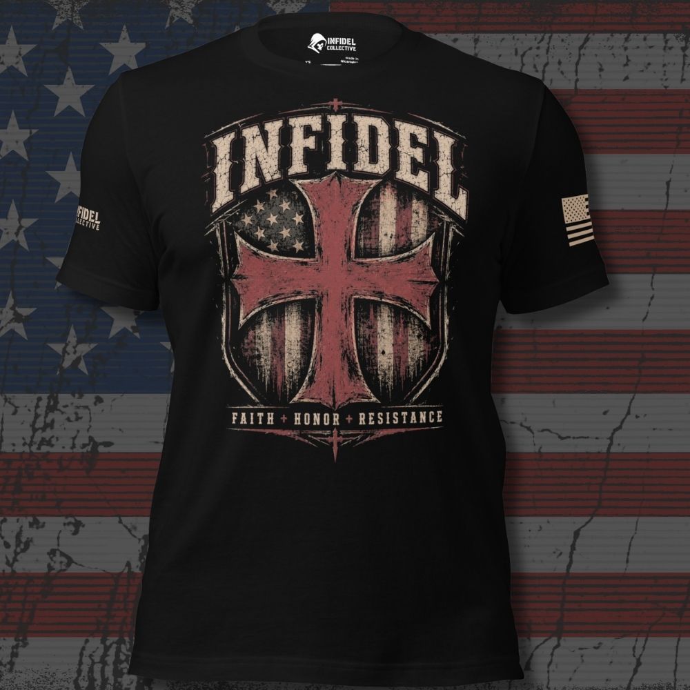 Infidel Collective black tee with American flag shield, red cross, “INFIDEL,” and “FAITH HONOR RESISTANCE” front graphic