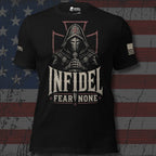 Infidel Collective black tee with hooded armored knight, red outlined cross, and “INFIDEL FEAR NONE” front graphic