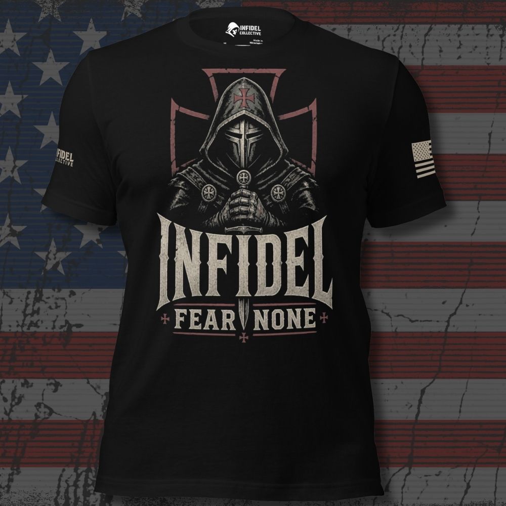 Infidel Collective black tee with hooded armored knight, red outlined cross, and “INFIDEL FEAR NONE” front graphic