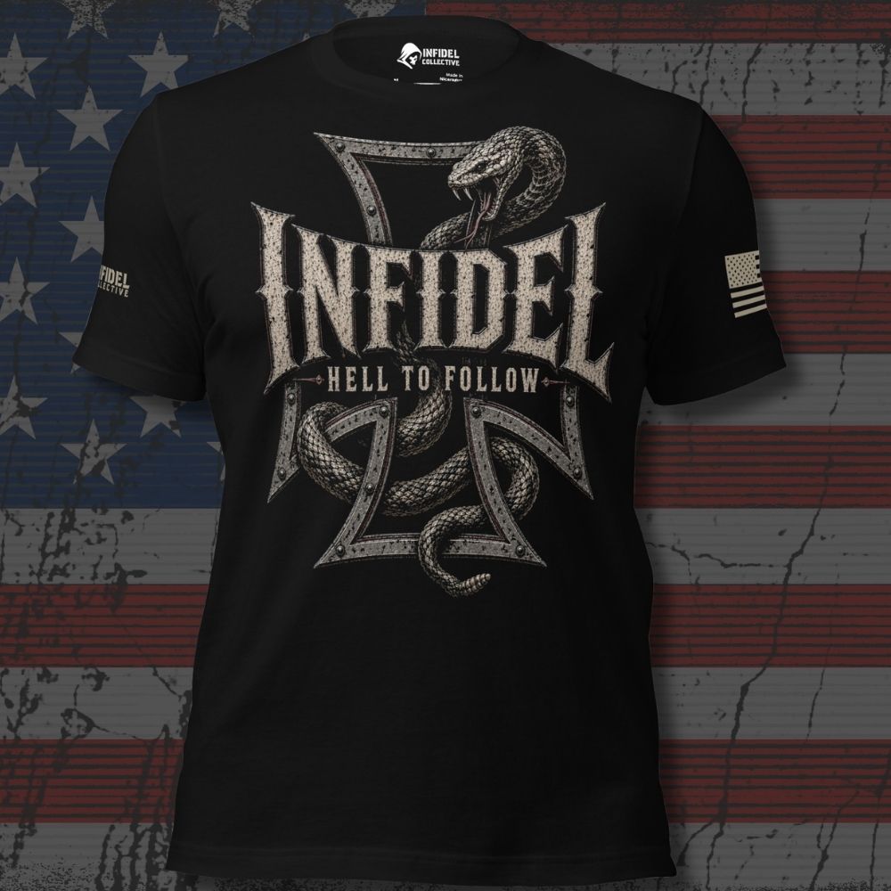 Infidel Collective black tee with rattlesnake wrapped around an iron cross and “INFIDEL HELL TO FOLLOW” front graphic