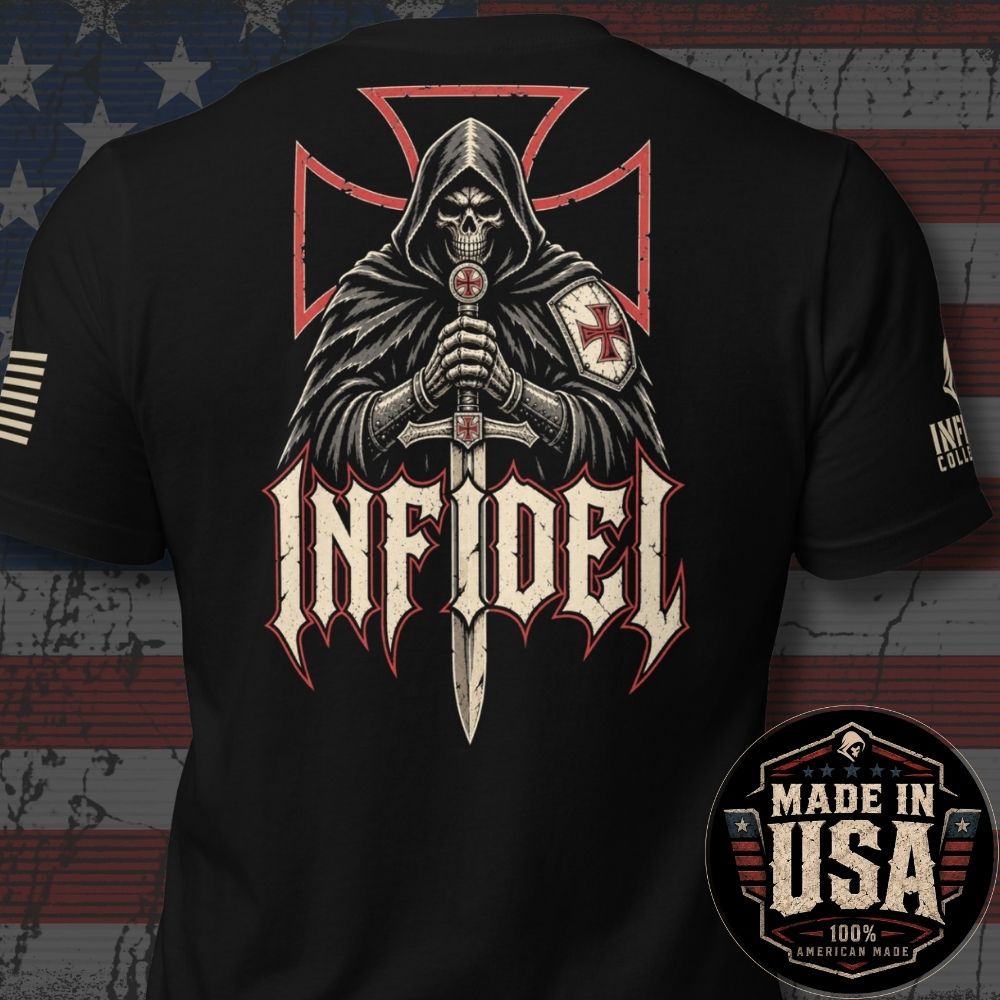 USA Made Infidel Hooded Knight Cross Back Print Tee