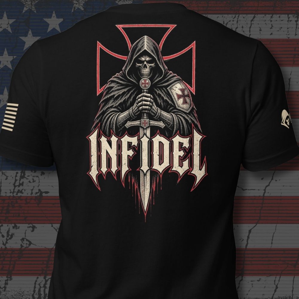 Infidel Collective black back-print tee with hooded knight gripping a sword, red cross, and “INFIDEL” graphic