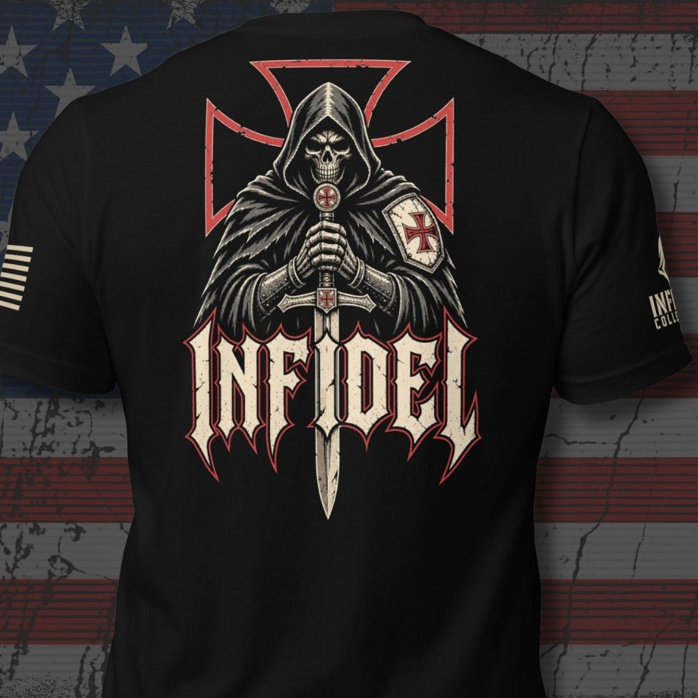 Black short-sleeve t-shirt shown from the back, featuring a large graphic of a hooded grim reaper skull holding a sword, with a red cross motif and the word 'INFIDEL' in stylized white and red lettering. The shirt is photographed against a distressed American flag background.