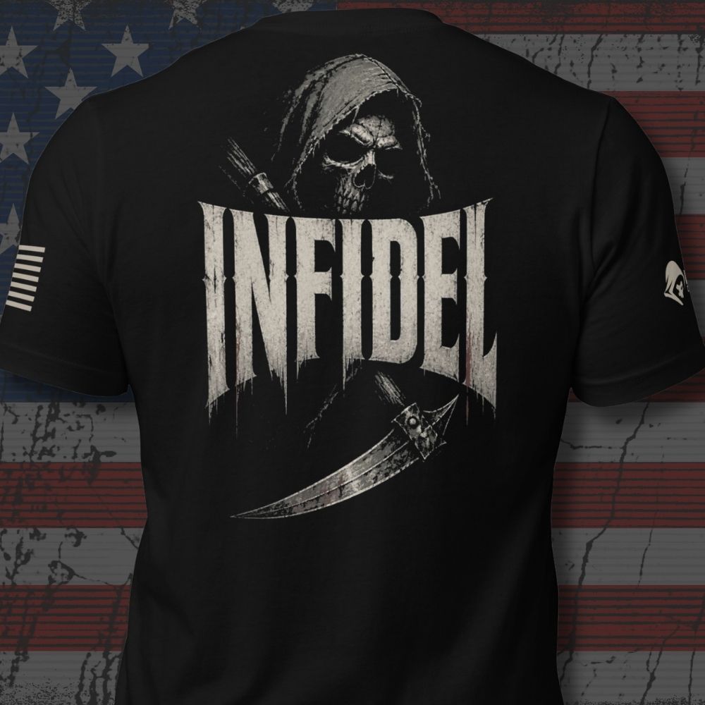 Infidel Collective black back-print tee with hooded reaper, scythe, and large “INFIDEL” lettering