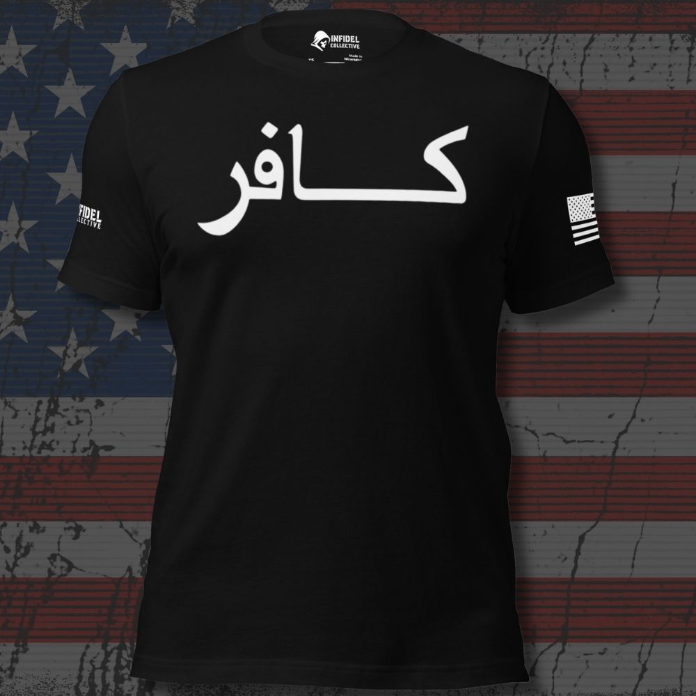 Infidel Collective black tee with large white Kafir Arabic script across the front