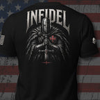 Infidel Collective black tee with fur-cloaked knight gripping a sword beneath “INFIDEL” back print
