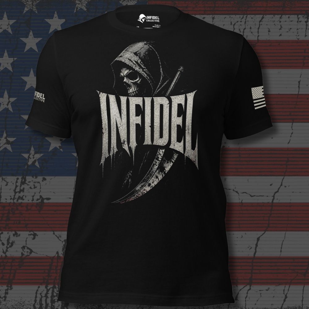 Infidel Collective black tee with hooded reaper, scythe, and large “INFIDEL” front graphic