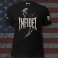 Infidel Collective black tee with hooded reaper, scythe, and large “INFIDEL” front graphic