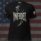 Infidel Collective black tee with hooded reaper, scythe, and large “INFIDEL” front graphic