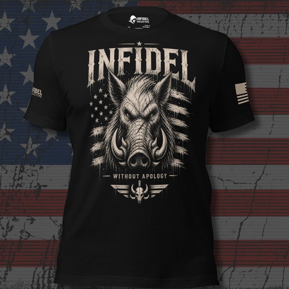 Infidel Collective black tee with boar, distressed stars and stripes, “INFIDEL,” and “WITHOUT APOLOGY” front graphic