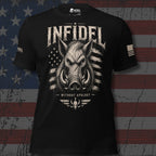 Infidel Collective black tee with boar, distressed stars and stripes, “INFIDEL,” and “WITHOUT APOLOGY” front graphic