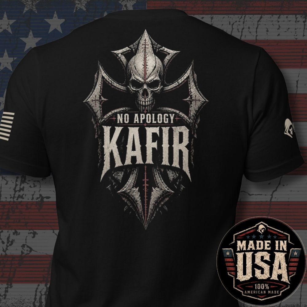 Black short-sleeve t-shirt shown from the back with a large distressed graphic featuring a skull, crossed elements, and the text 'NO APOLOGY KAFIR'. A circular 'MADE IN USA 100% AMERICAN MADE' badge appears in the lower right corner, and the shirt is photographed against a rustic American flag background.