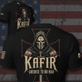 Infidel Collective black two-sided tee with hooded crusader, red iron cross, and “KAFIR ANSWER TO NO MAN” back graphic