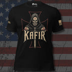 Infidel Collective black tee with hooded crusader helmet, red outlined cross, and large “KAFIR” front graphic