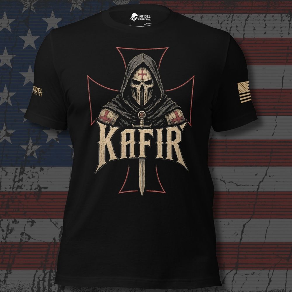 Infidel Collective black tee with hooded crusader helmet, red outlined cross, and large “KAFIR” front graphic