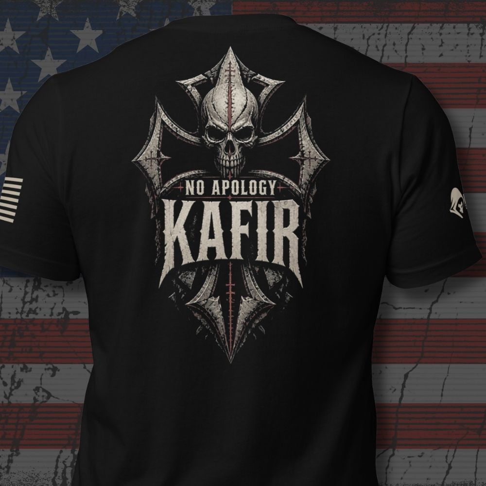 Infidel Collective black back-print tee with skull, pointed cross, and “NO APOLOGY KAFIR” graphic