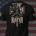 Infidel Collective black back-print tee with hooded knight, sword, American flag iron cross, and “KAFIR” graphic