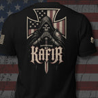 Infidel Collective black back-print tee with hooded knight, sword, American flag iron cross, and “KAFIR” graphic