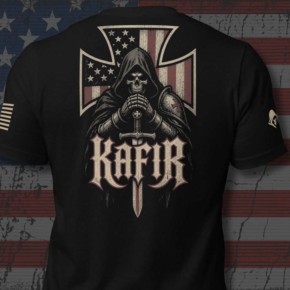 Infidel Collective black back-print tee with hooded knight, sword, American flag iron cross, and “KAFIR” graphic