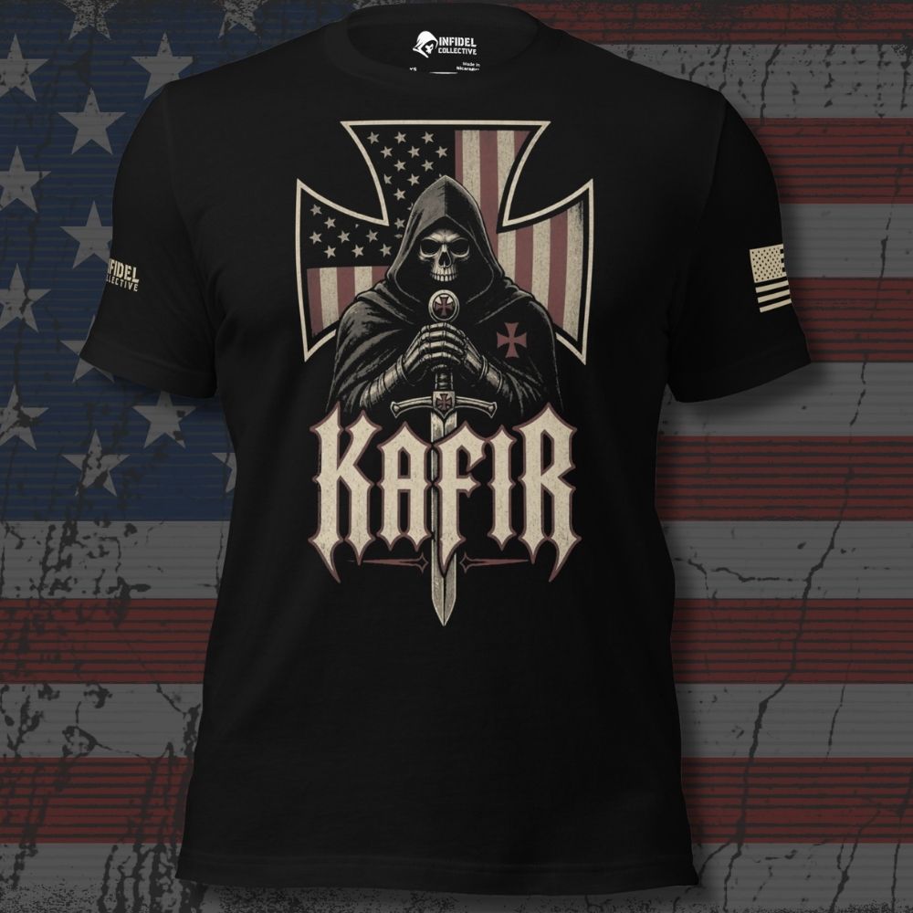 Infidel Collective dark navy tee with hooded knight, sword, American flag iron cross, and “KAFIR” front graphic