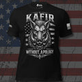 Infidel Collective black tee with boar, distressed stars and stripes, “KAFIR,” and “WITHOUT APOLOGY” front graphic