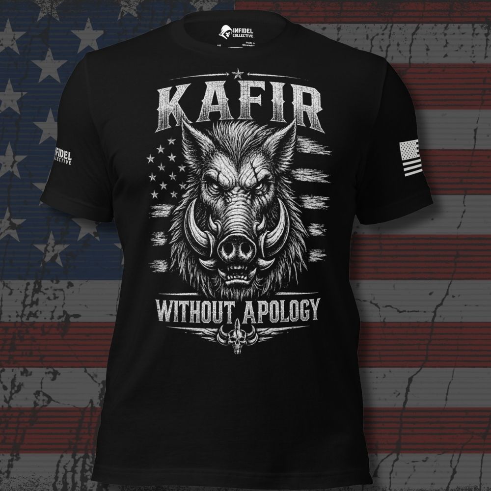 Infidel Collective black tee with boar, distressed stars and stripes, “KAFIR,” and “WITHOUT APOLOGY” front graphic