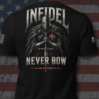 Infidel Collective black tee with fur-cloaked knight, sword, red cross, and “INFIDEL NEVER BOW” back print